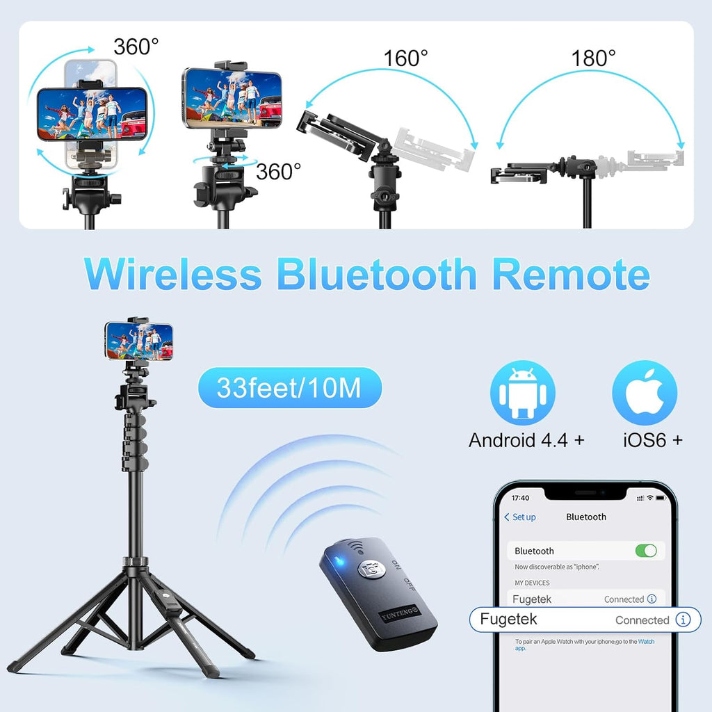 62" Professional Cell Phone Tripod, Ultra Stable 4 Leg Design, Bluetooth Remote, 100% All Aluminum Stick & Legs
