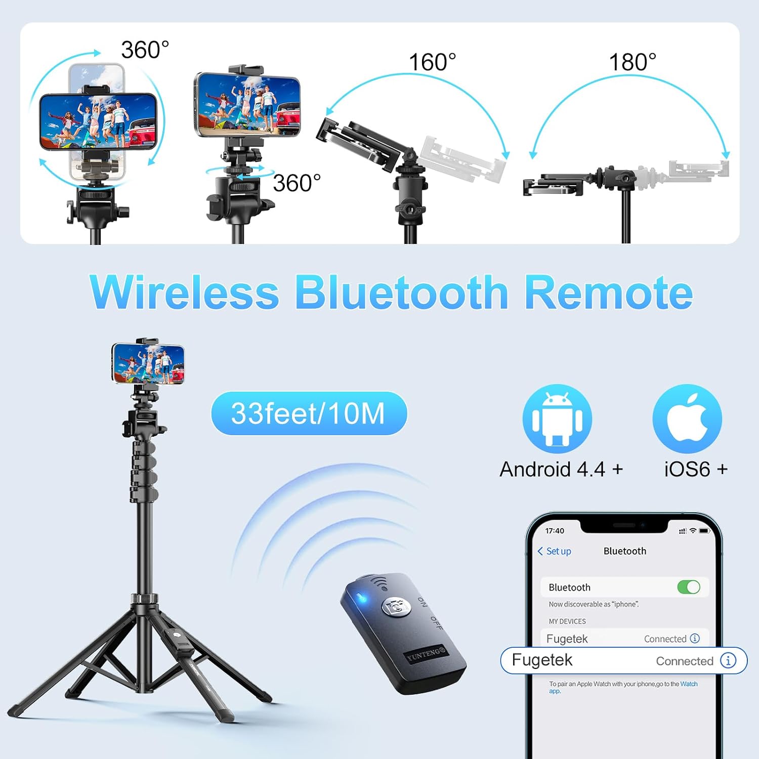 62" Professional Cell Phone Tripod, Ultra Stable 4 Leg Design, Bluetooth Remote, 100% All Aluminum Stick & Legs