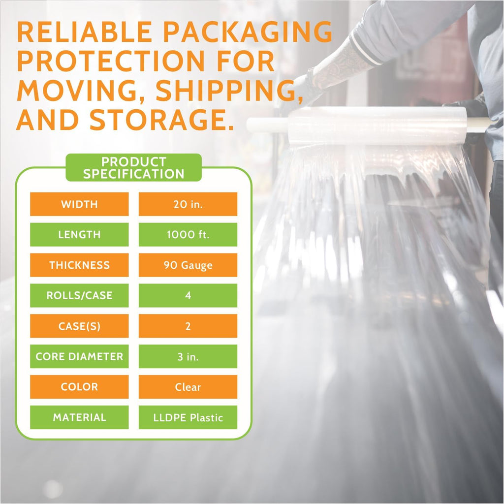 PSBM Stretch Wrap with Handles, 8 Rolls 20 Inch x 1000 Feet 90 Gauge Heavy Duty Clear Plastic Wrap Industrial