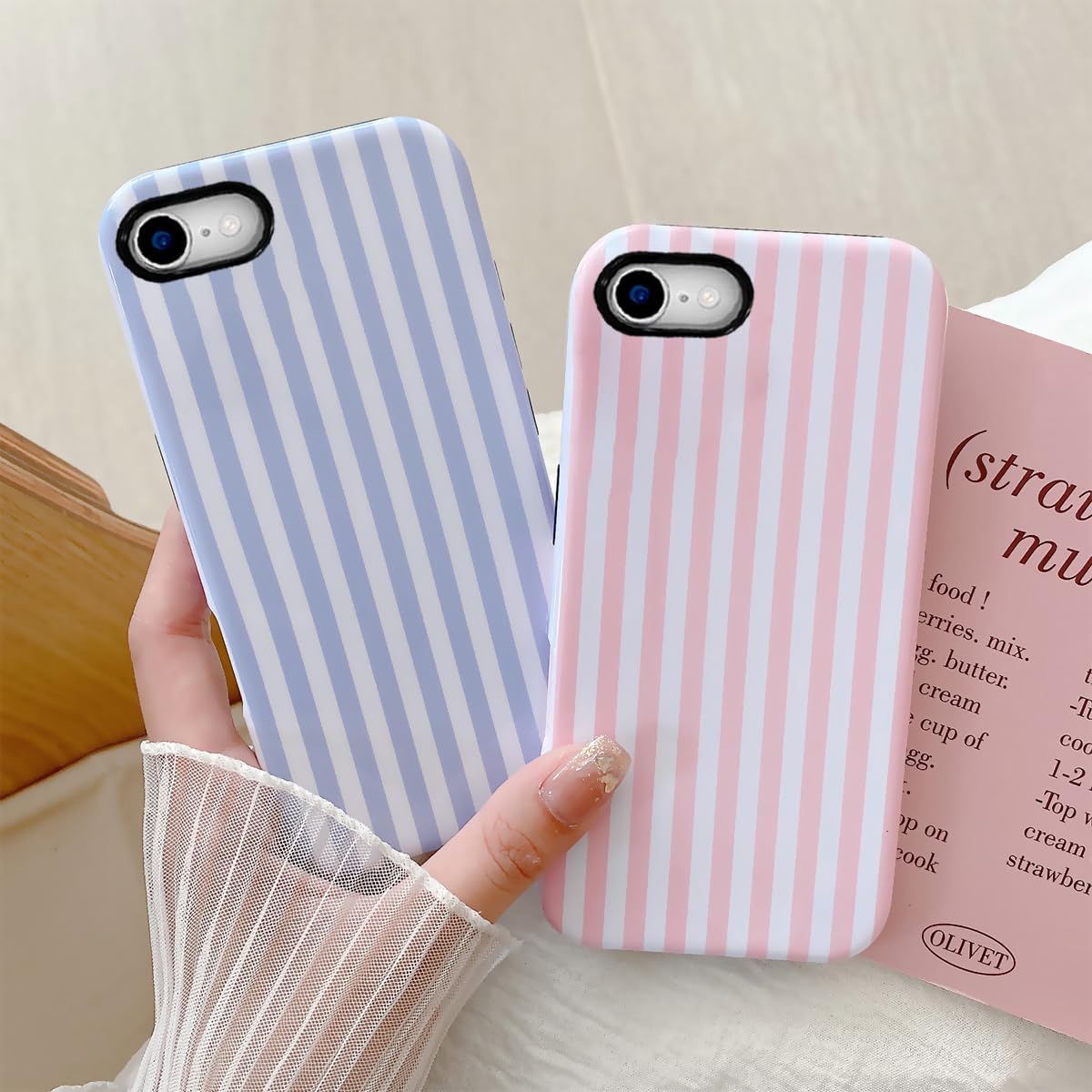 Compatible with iPhone SE /8/7 Cute Phone Case,Striped Aesthetic Pattern Design,Scratch Resistant Hybrid 2-Layer