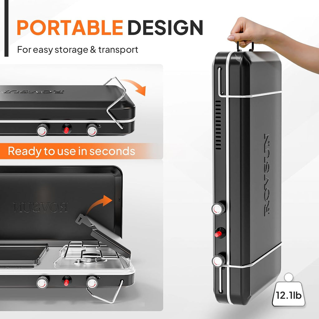 2-in-1 Portable Camping Stove & Propane Grill with Enamel Griddle & Piezo Igniter, Tabletop Camp Stove with Built-in