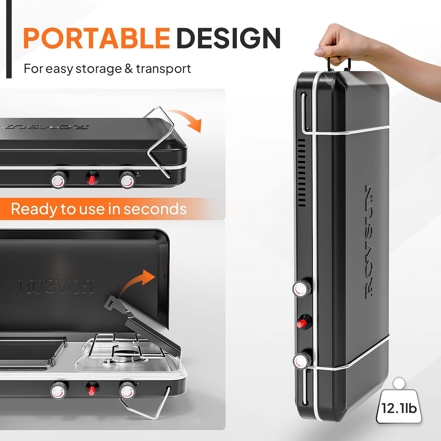 2-in-1 Portable Camping Stove & Propane Grill with Enamel Griddle & Piezo Igniter, Tabletop Camp Stove with Built-in