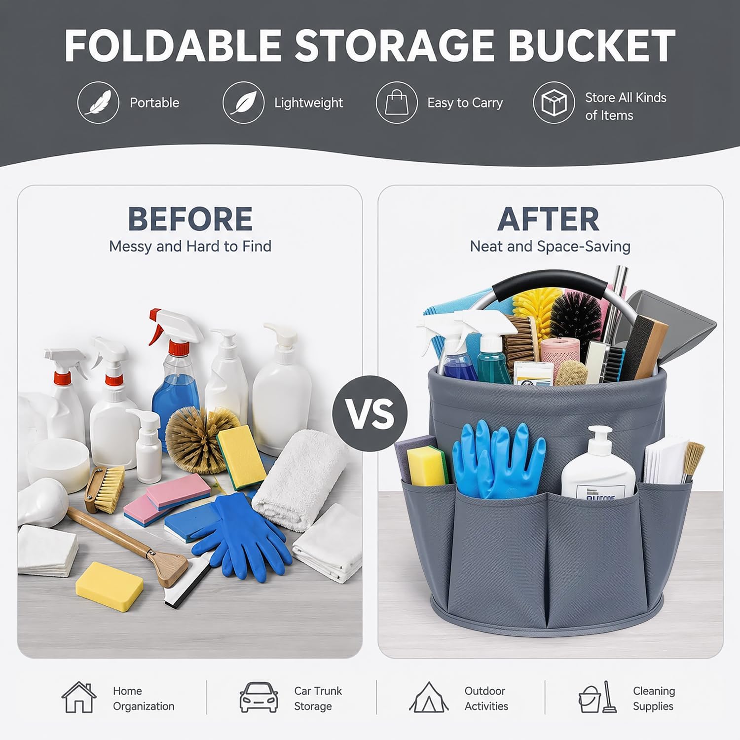 Cleaning Caddy with Handle, 17L Foldable Storage Basket, Heavy Duty 600D Oxford Cloth Organizer, Portable Supply Bag