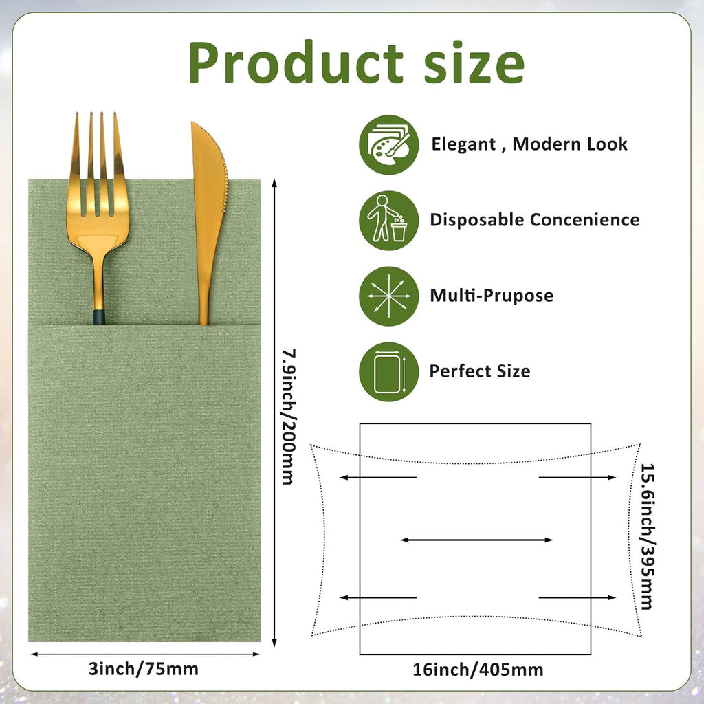 75 Pcs Sage Green Linen Dinner Napkins with Built in Flatware