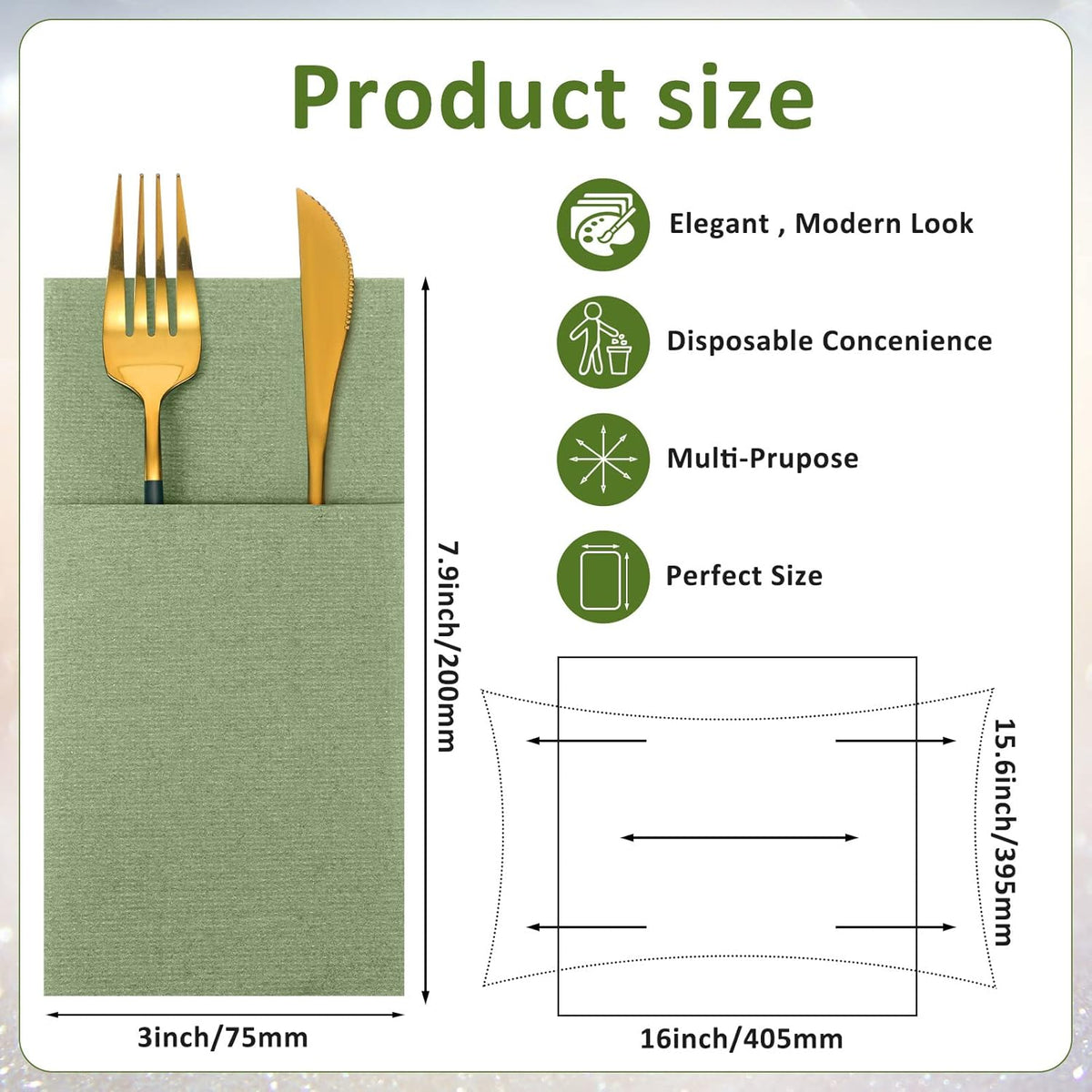 200 Pcs Linen Feel Dinner Napkins with Flatware Pocket,Sage Green