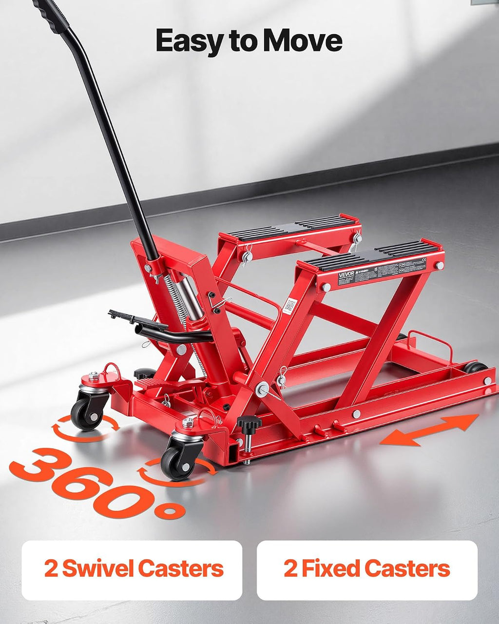 Hydraulic Motorcycle Lift Jack, 1500 lbs Capacity, ATV Lift Jack Portable Motorcycle Hoist Stand with 4 Wheels