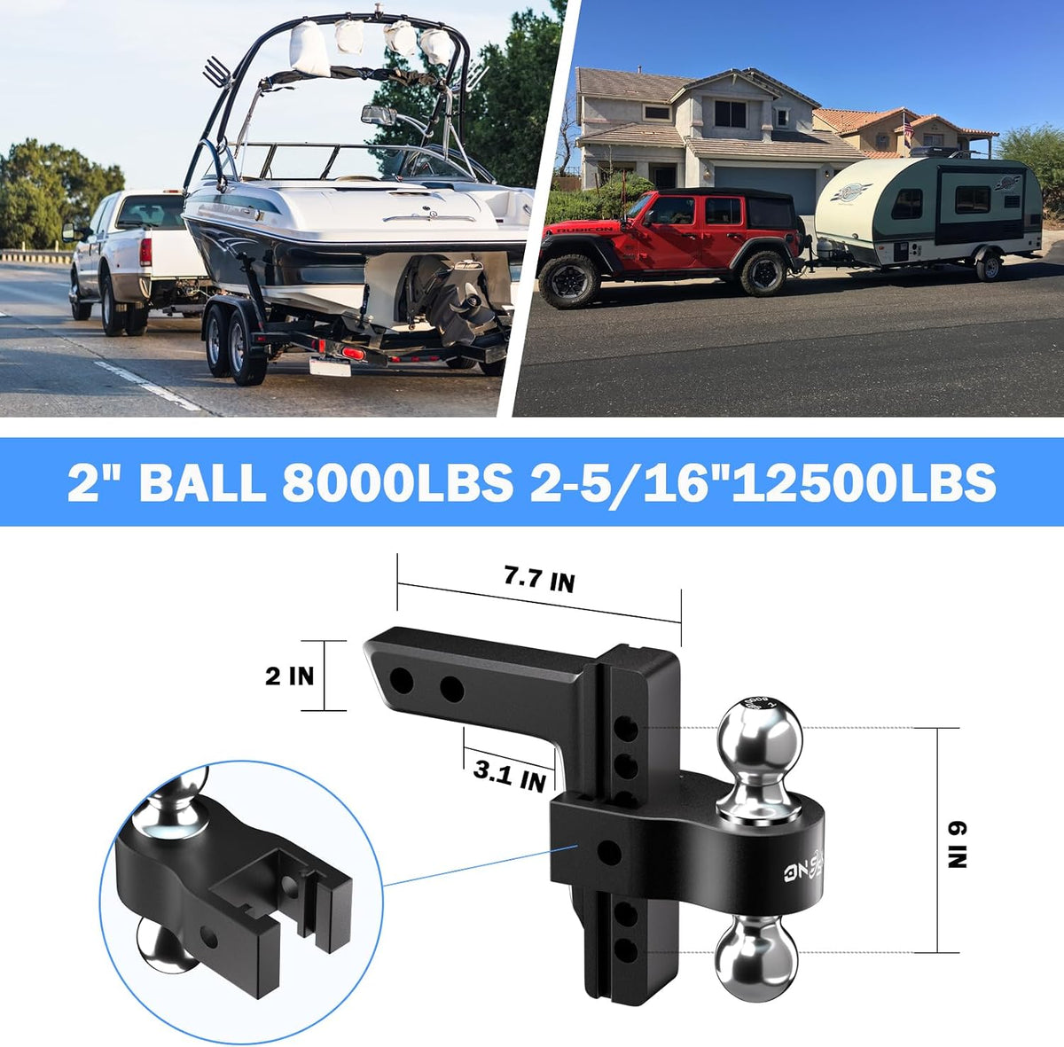 Adjustable Trailer Truck Drop Hitch - Fits 2 Inch Receiver Only, 6 Inch Drop Dual Ball Mount 2" and 2-5/16" Up to