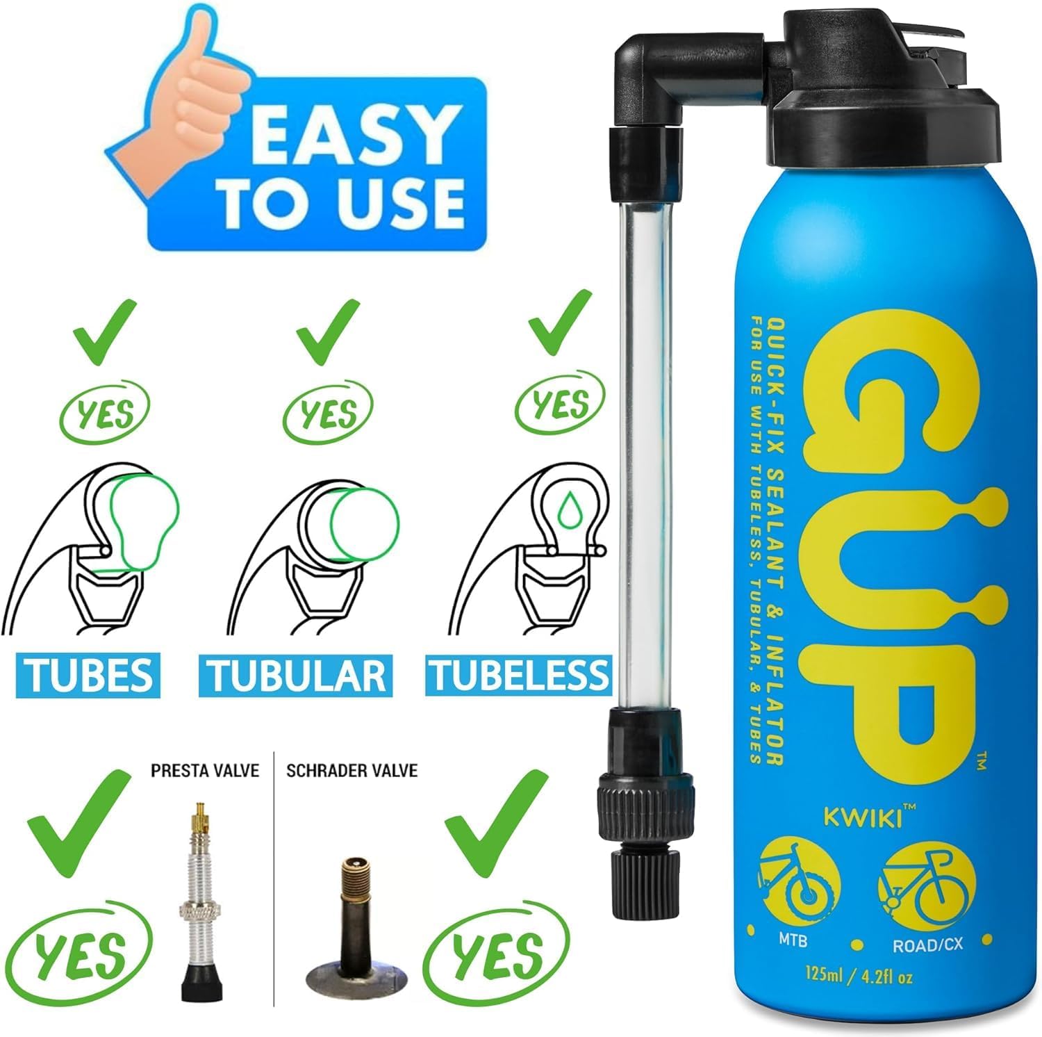 (GÜP Kwiki Quick Fix Tire Sealant and Inflator; for Mountain Bike, Road, Cyclocross, Gravel; Seal and Repair Flat or