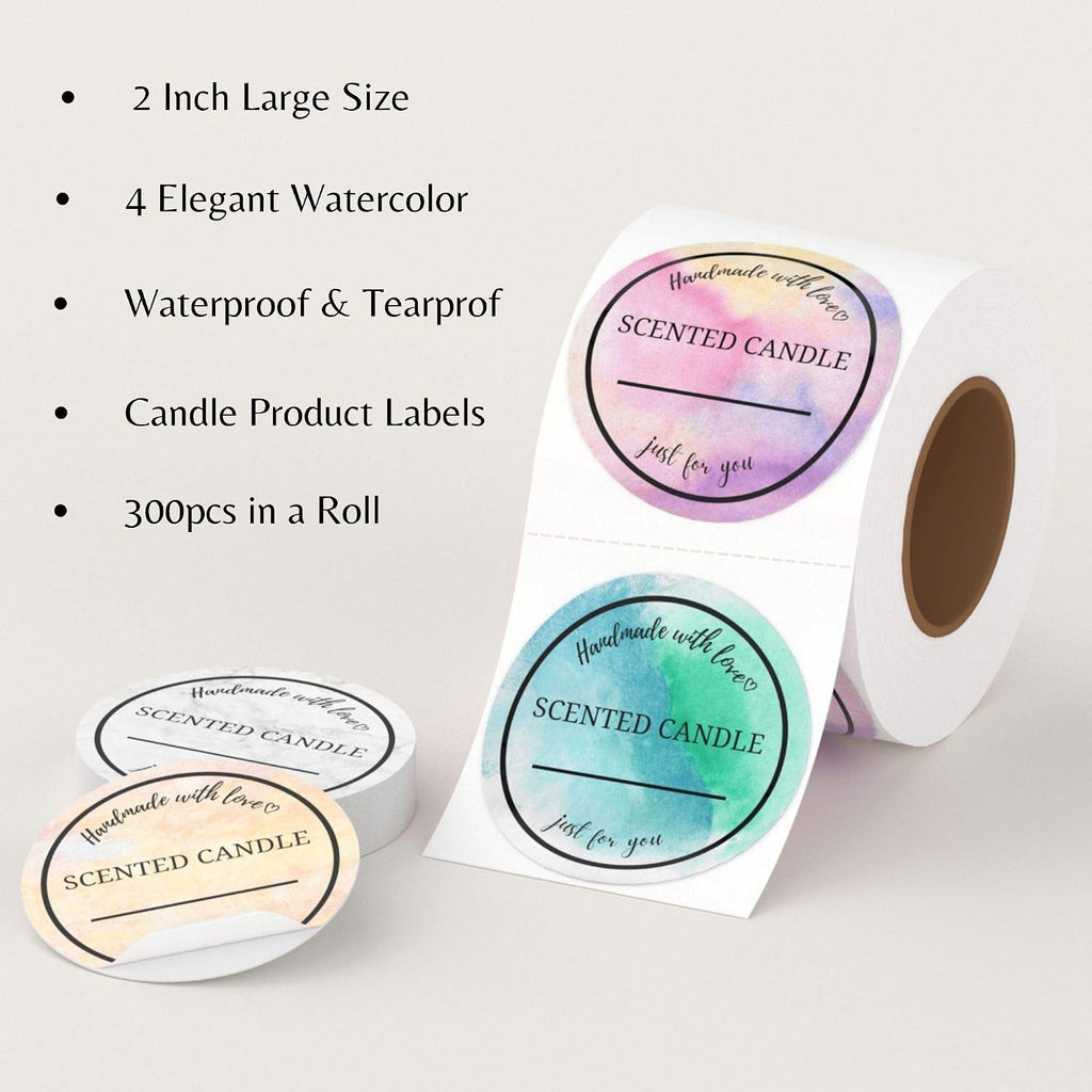 Watercolor Candle Label Roll 2 Inch 300pcs Waterproof | Candle Labels for Candle Making Supplies, Candle Tins, Candle