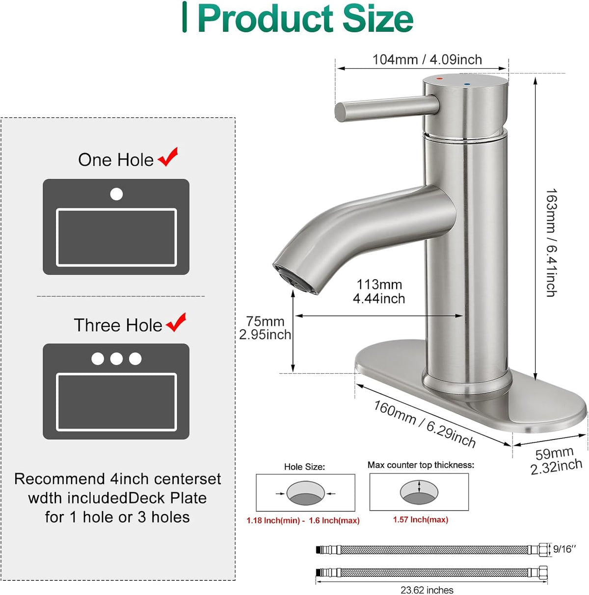 Bathroom Faucet Brushed Nickel Modern Single Hole Bathroom Sink Faucet with Single Handle Suitable for 1 or 3