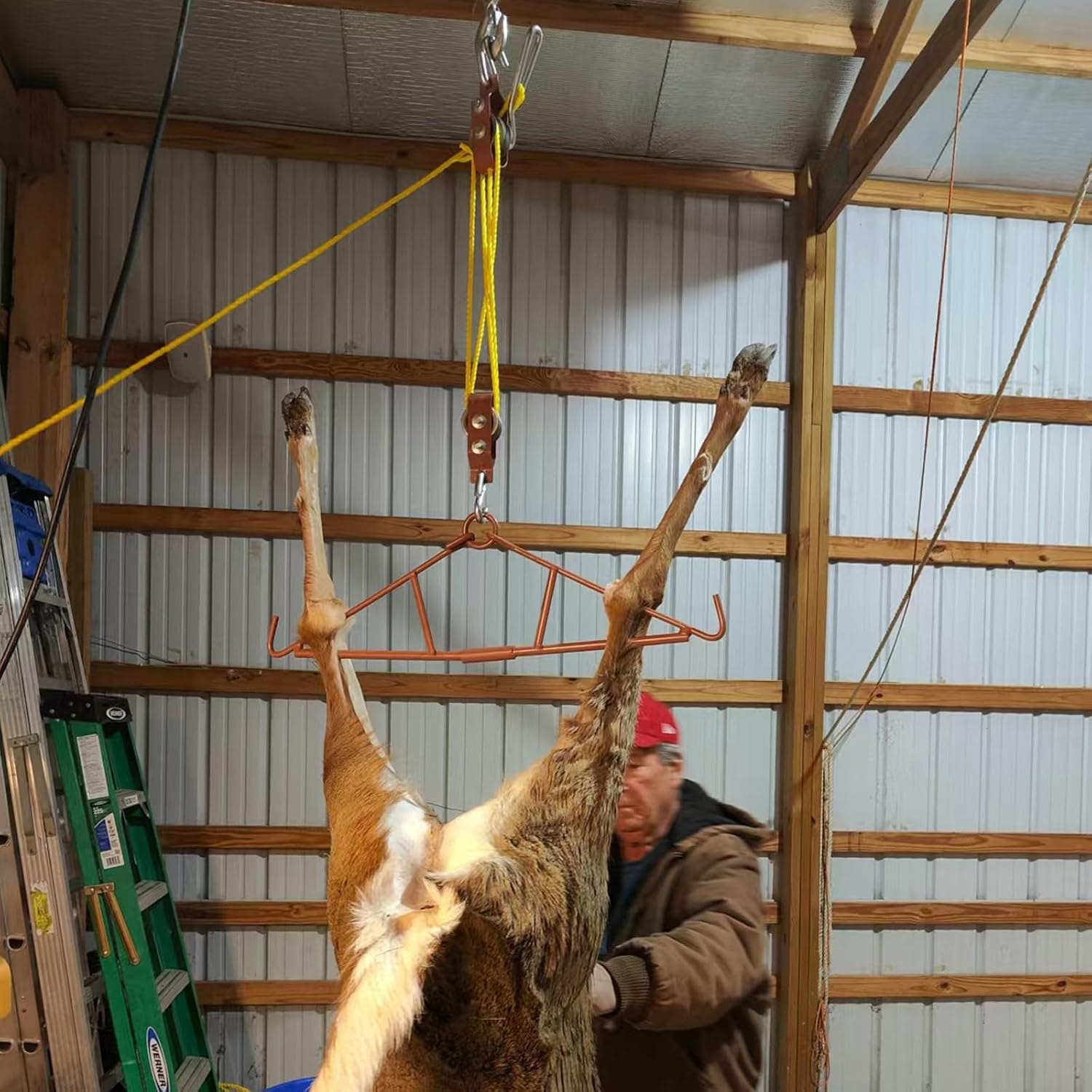 Game Hoist Gambrel with 700LB Capacity Deer Hanger and Elk Dual Pulley Hoist Lift System, Hunting Game Hanging Kit