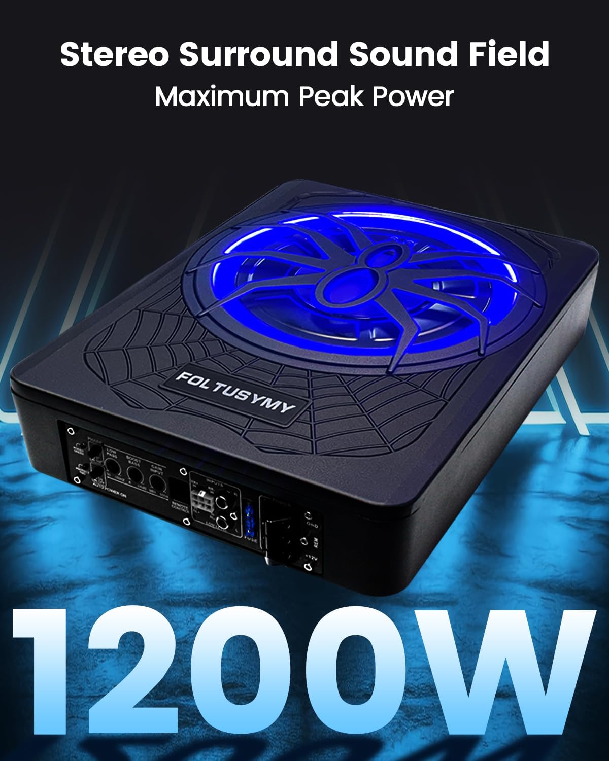 1200W 10" Slim Under Seat Powered Car Subwoofer, High/Low Level Input, Car/Truck Audio Sub Built-in Amplifier amp