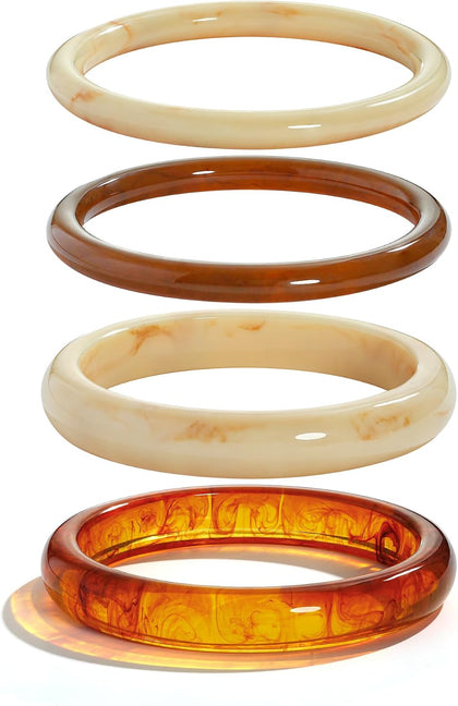 4Pcs Resin Acrylic Bangle Bracelets Set for Women Stackable White Brown Acetate Resin Bangles Geometric Chunky