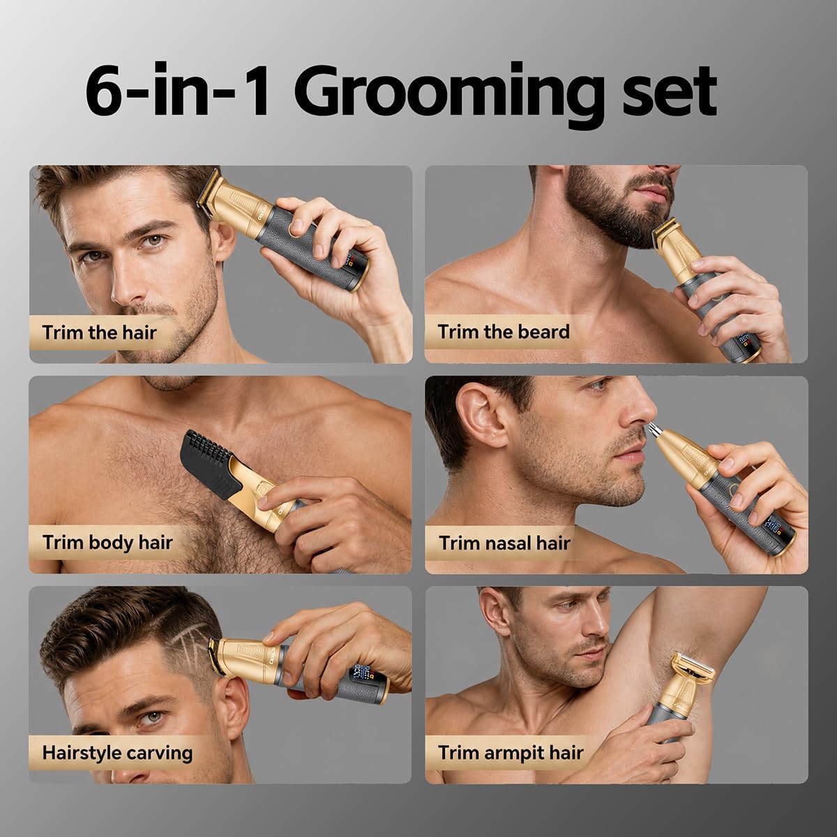 6-in-1 Professional Beard Trimmer for Men Magnetic Replacement Heads,Manscape Cordless Electric Hair Clippers, All in