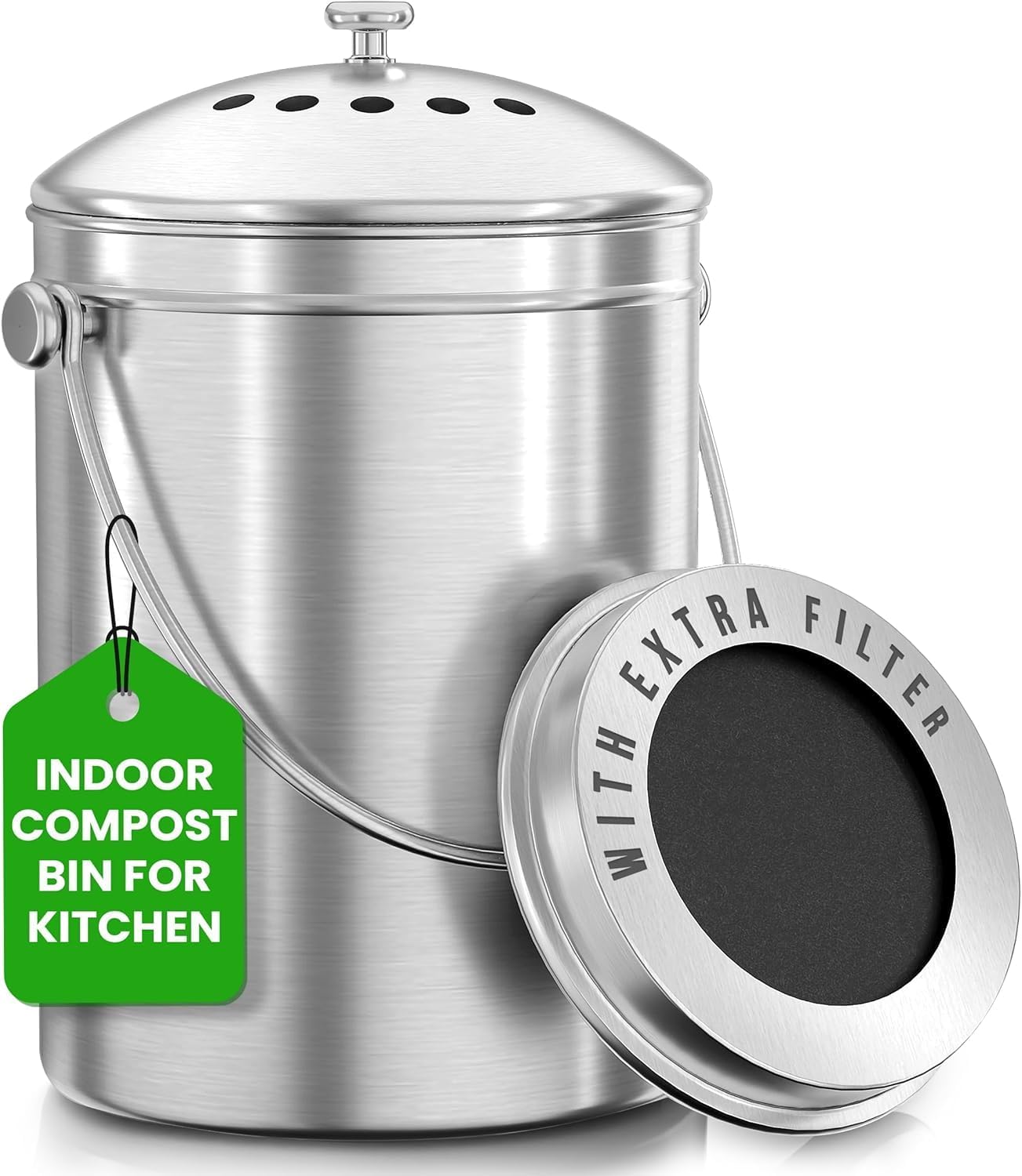Countertop Compost Bin 1.3 Gallon, Stainless Steel, Silver | Odorless countertop compost bin with charcoal filter