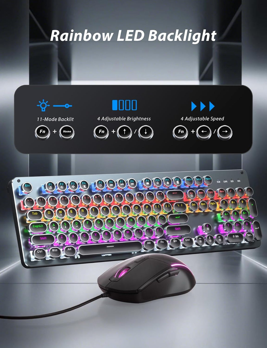 Typewriter Style Mechanical Gaming Keyboard Blue Switch, Rainbow LED Backlit Wired Computer Keyboards Mouse and Pad