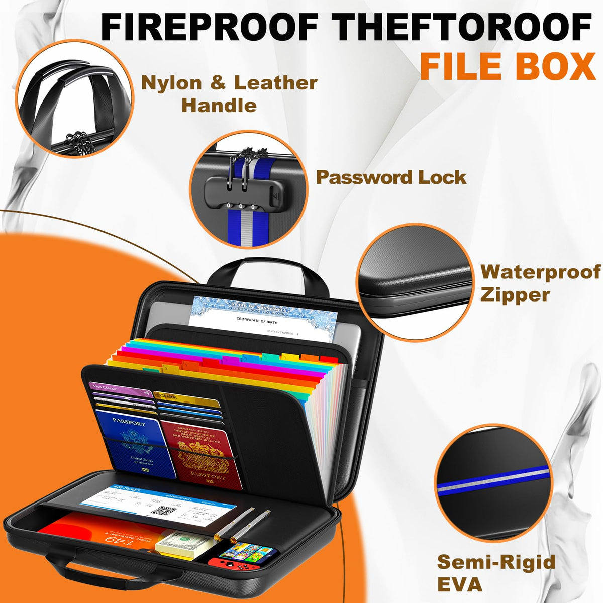 Fireproof Document Organizer with Lock, Semi-Rigid EVA Shell File Box with 13-Pocket Accordion Folder