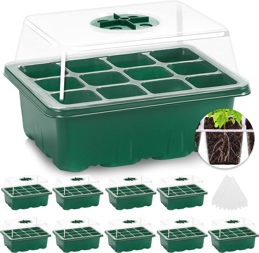 10 Pack Seed Starter Tray, 120Cell Stater Kit with Humidity Dome Green | Reusable Clear Plant Germination Tray with