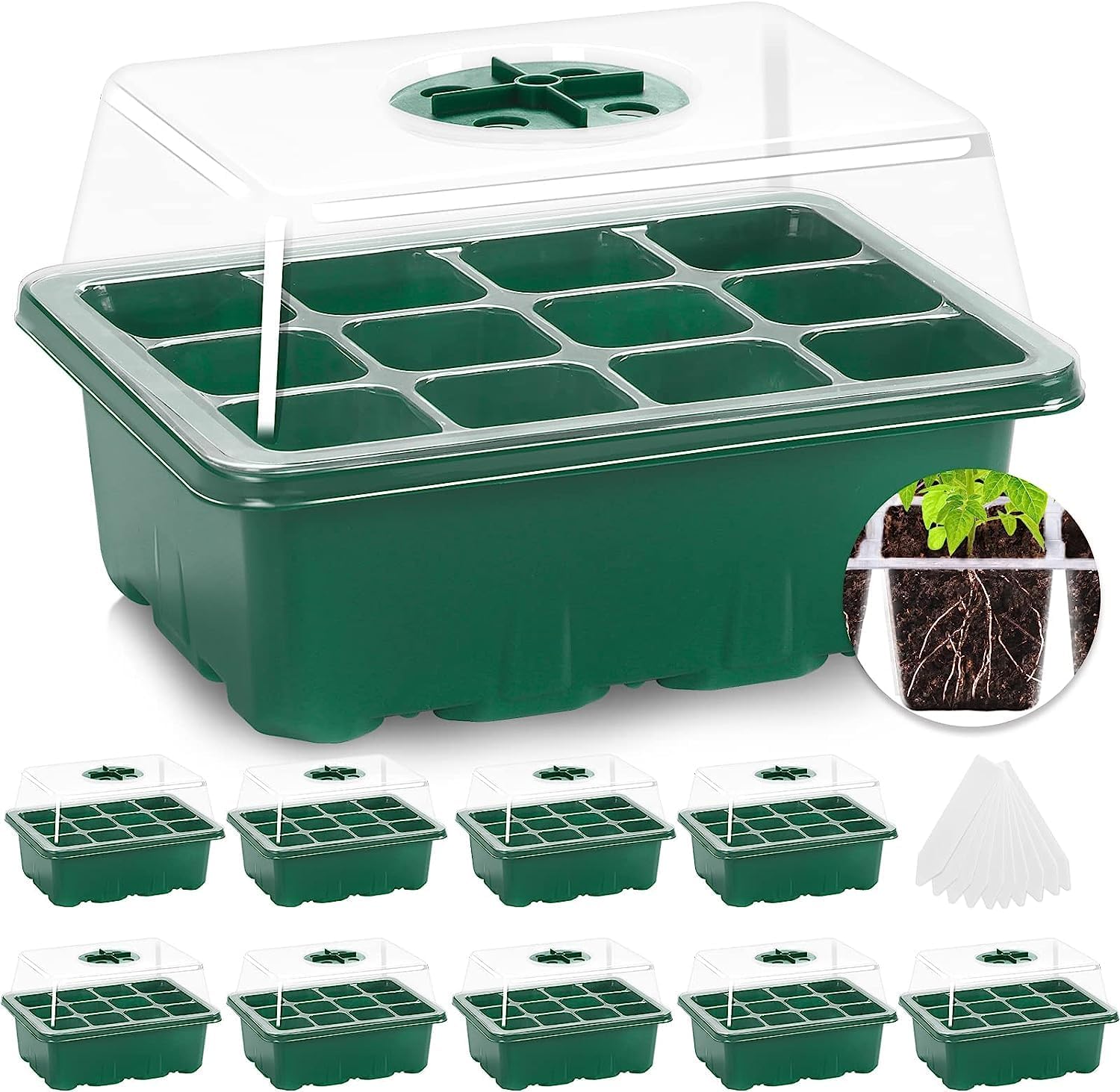 10 Pack Seed Starter Tray, 120Cell Stater Kit with Humidity Dome Green | Reusable Clear Plant Germination Tray with