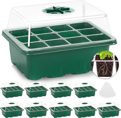 10 Pack Seed Starter Tray, 120Cell Stater Kit with Humidity Dome Green | Reusable Clear Plant Germination Tray with