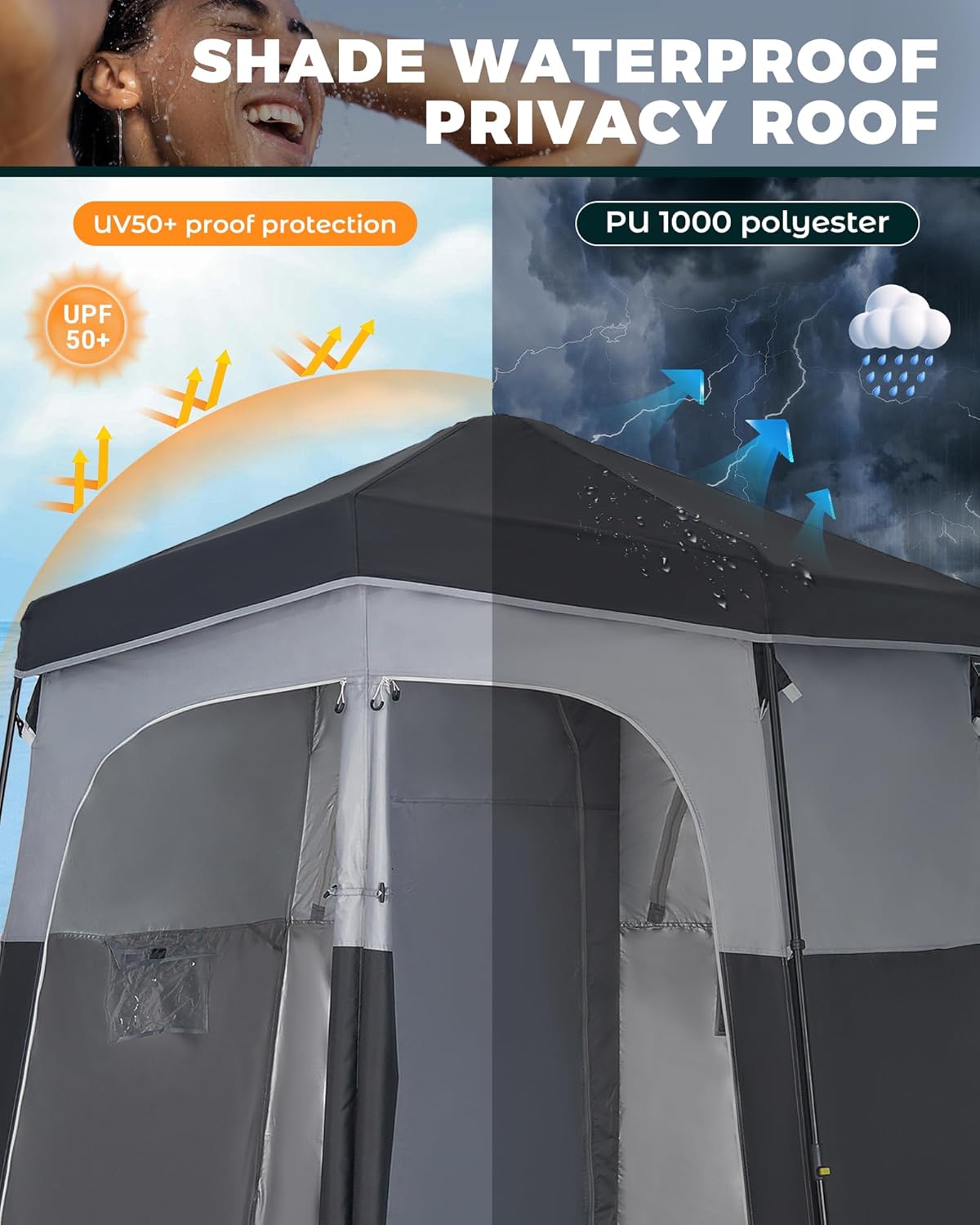 Instant Shower Tent, Portable Superior Stable Privacy Shelter, 2 Large Rooms Outdoor Toilet Tent with Floor for
