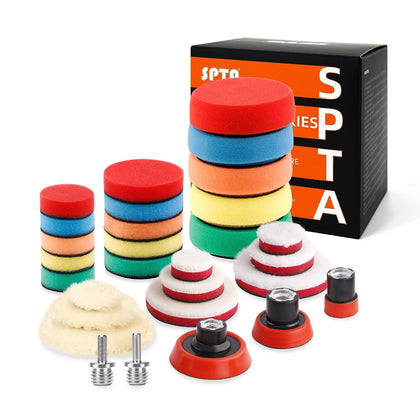 29 Pcs Mini Car Polishing Pad Kit - 1", 2", 3" Sponge Foam Wool Microfiber Buffing Pads with 5/8"-11 Backing Plates &