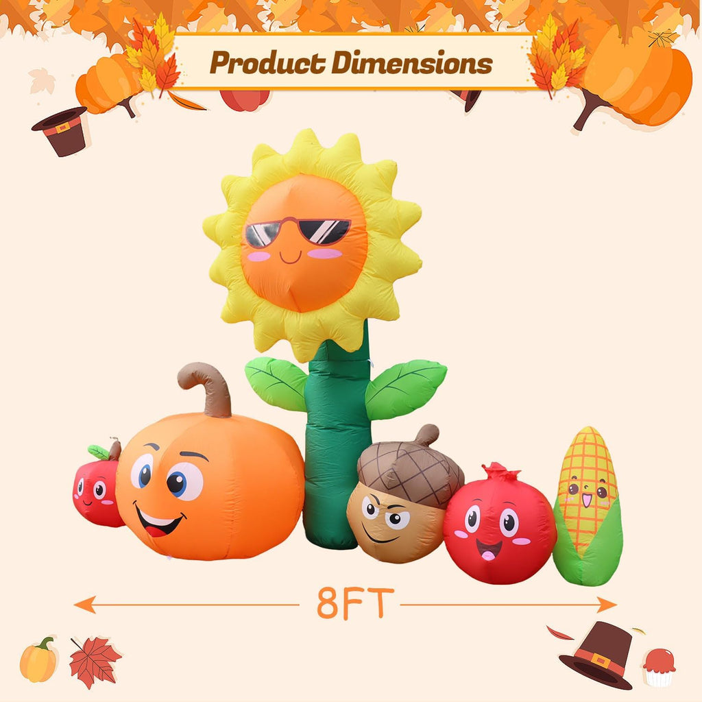 8FT Long Thanksgiving Inflatables Outdoor Decorations, Fall Blow ups Decorations Sunflower and Vegetables, Build in
