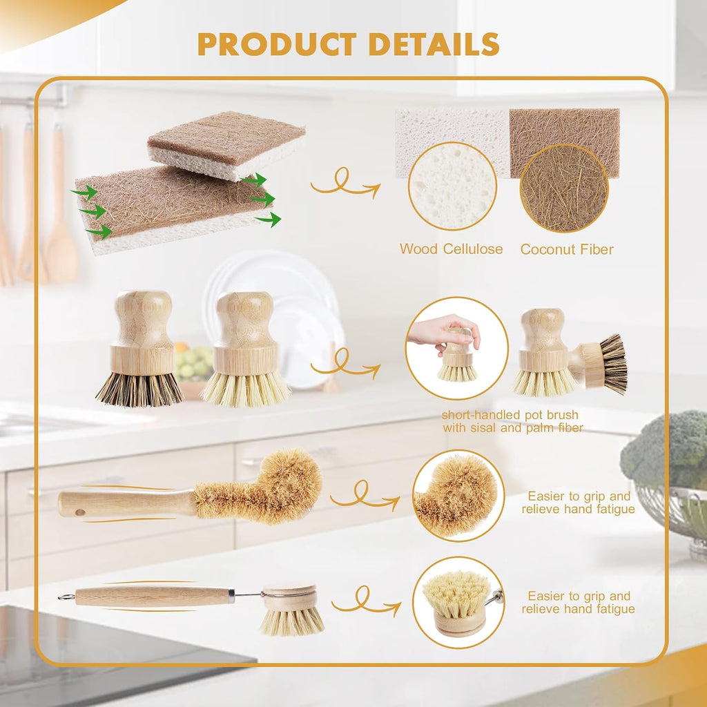 6 Piece Bamboo Dish Brush Set with Coconut Sponge - Wooden Dish Brush with Sisal and Palm Fiber, Natural Bamboo Dish