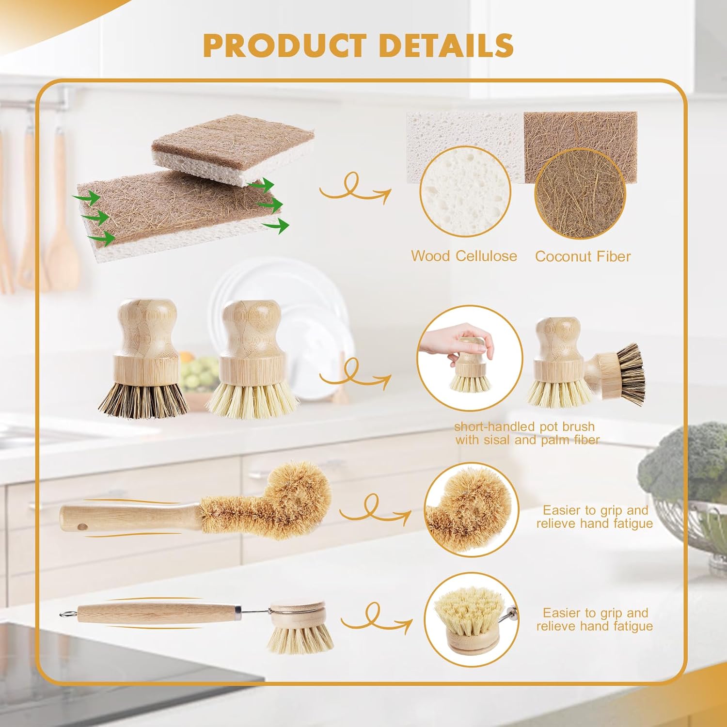 6 Piece Bamboo Dish Brush Set with Coconut Sponge - Wooden Dish Brush with Sisal and Palm Fiber, Natural Bamboo Dish
