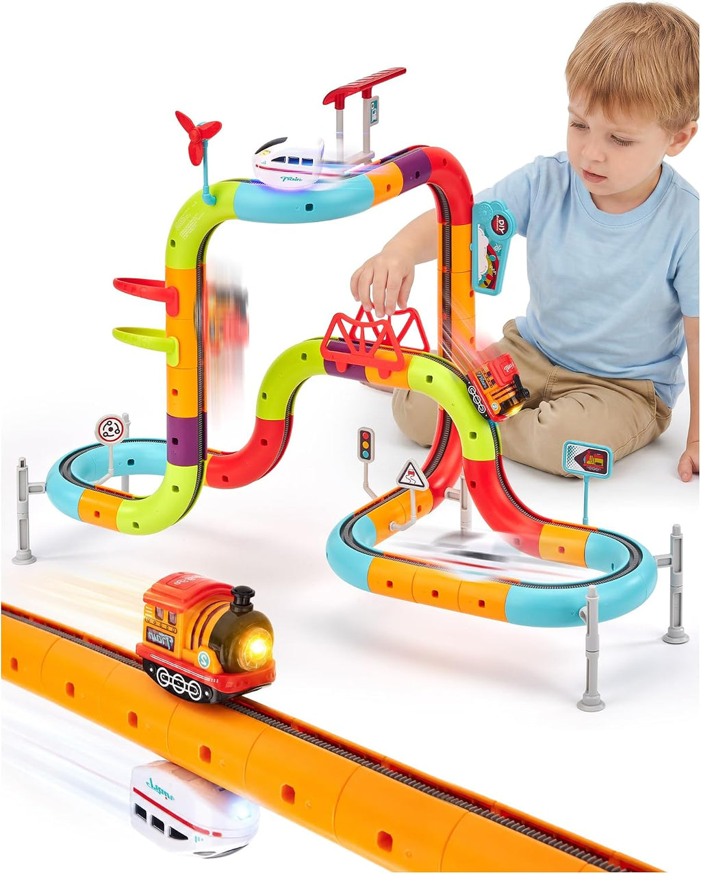 Electric Train Set for Kids Ages 4-8, Flexible Race Track - 64PCs | Dual-rail, Anti-gravity, 2 Trains with Music