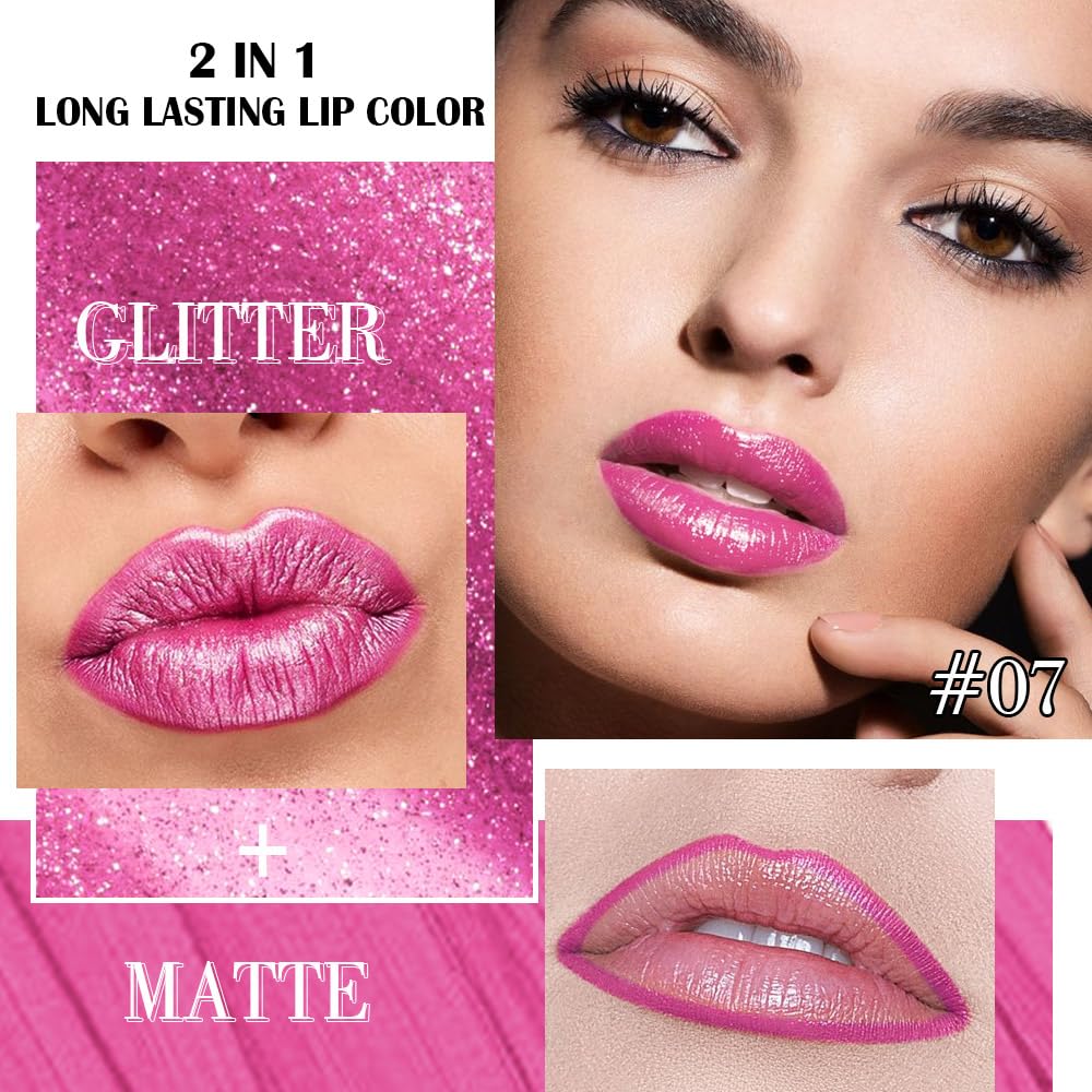 Hot Pink Metallic Glitter Lip Liner and Lipstick Combo Lip Gloss Stain Set Makeup for Women Long Lasting Waterproof
