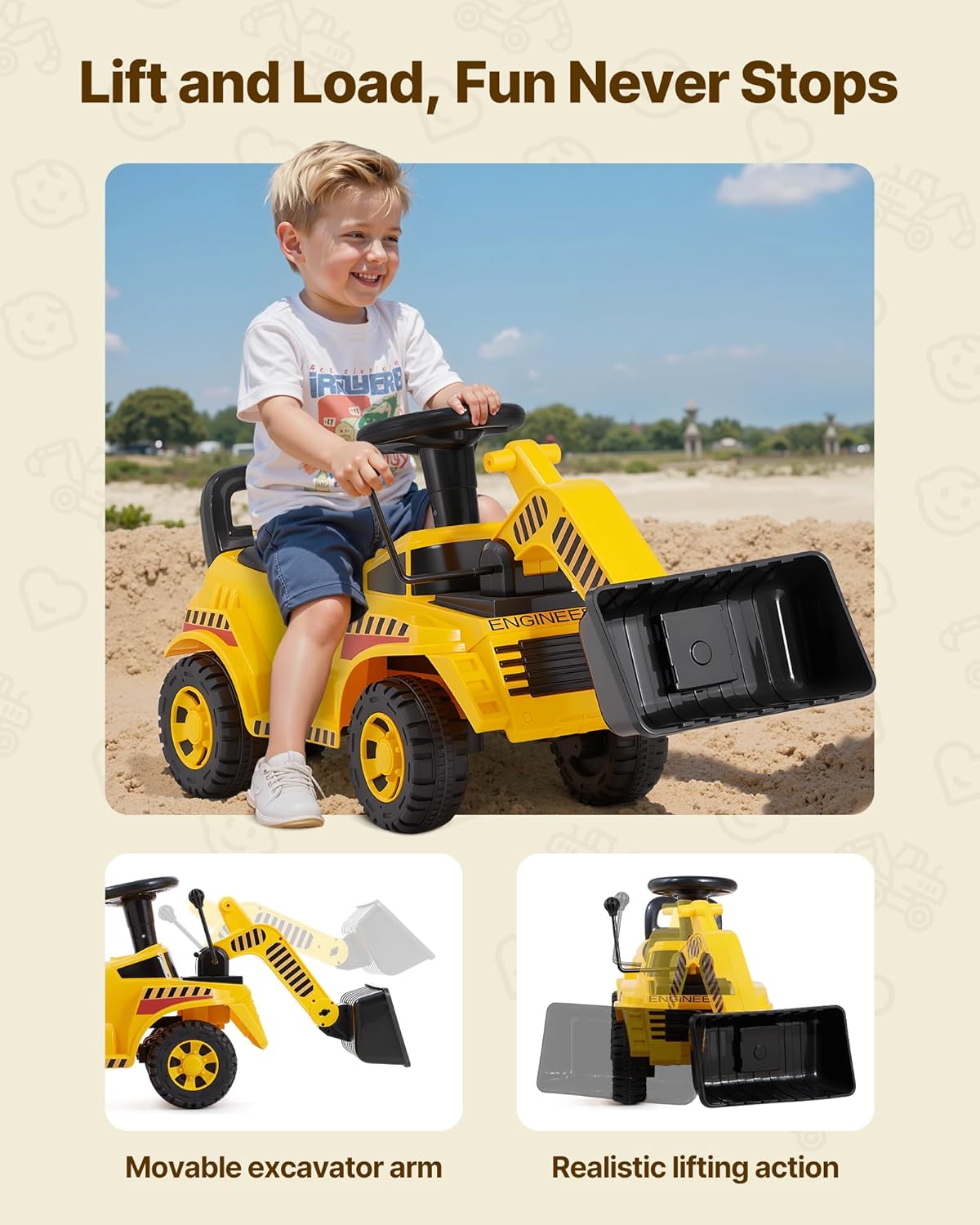 Ride On Toddler Car, Ride on Excavator Car for Toddler 19 to 36 Months, Excavator Bulldozer Digger Toy with