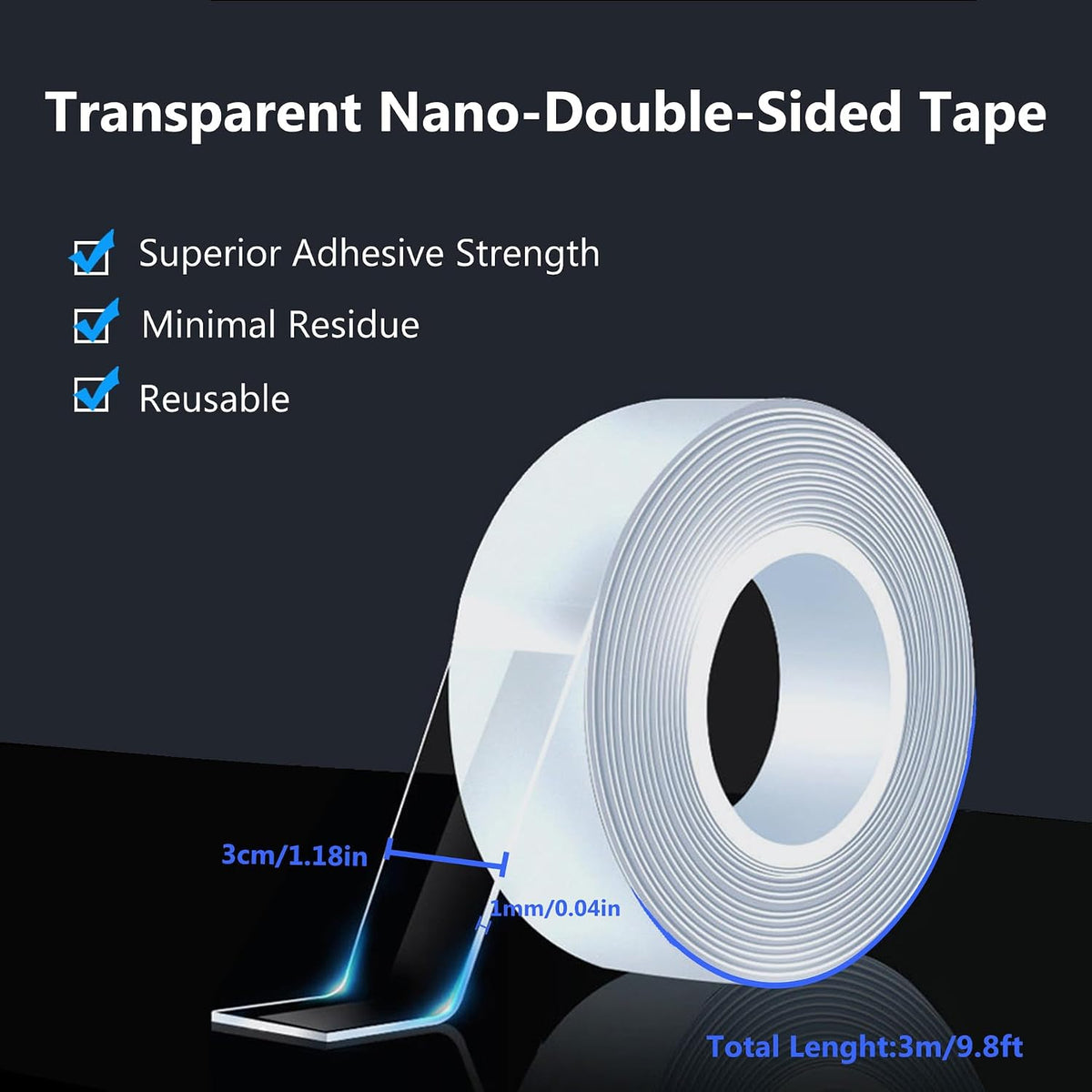 Double Sided Nano Tape, Heavy Duty Invisible Reusable Tape, 9.84ft
