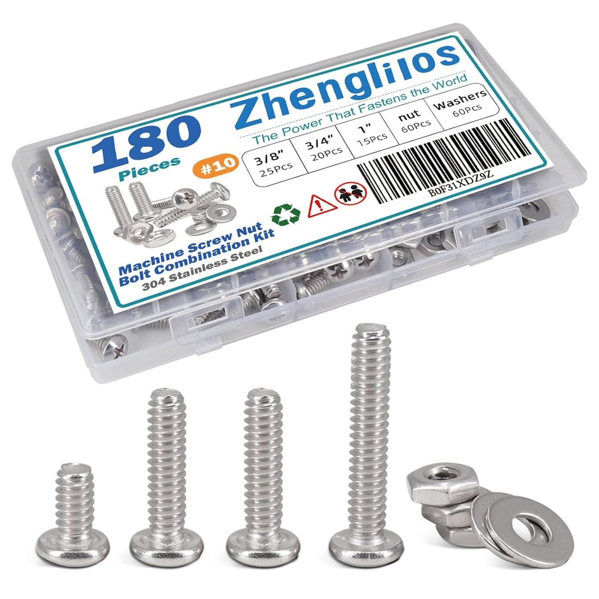 180 PCS Bolt Combination Kit #10, 3/8", 3/4", 1"