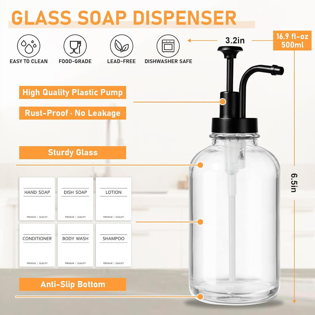 Kitchen Soap Dispenser Set, 16.9 oz/500 ml Hand and Dish Soap Dispenser Set, Glass Soap Dispenser with Sponge Holder