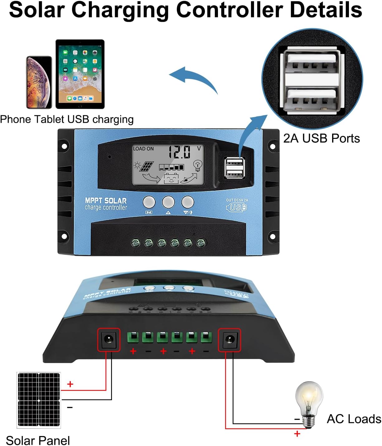 60A MPPT Solar Panel Charging Controller, 12V/24V Auto Solar Battery Charger Controller with LCD Display, Dual USB