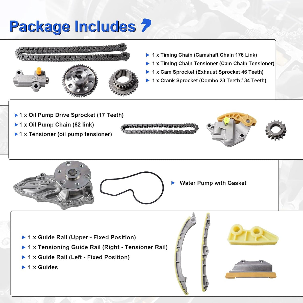 2.4L Engine Timing Chain Kit with Water Pump Fits for 2008-20112 Honda Accord 2010-2011 CR-V 2.4L i-VTEC 16V, OE standard Timing Replace parts