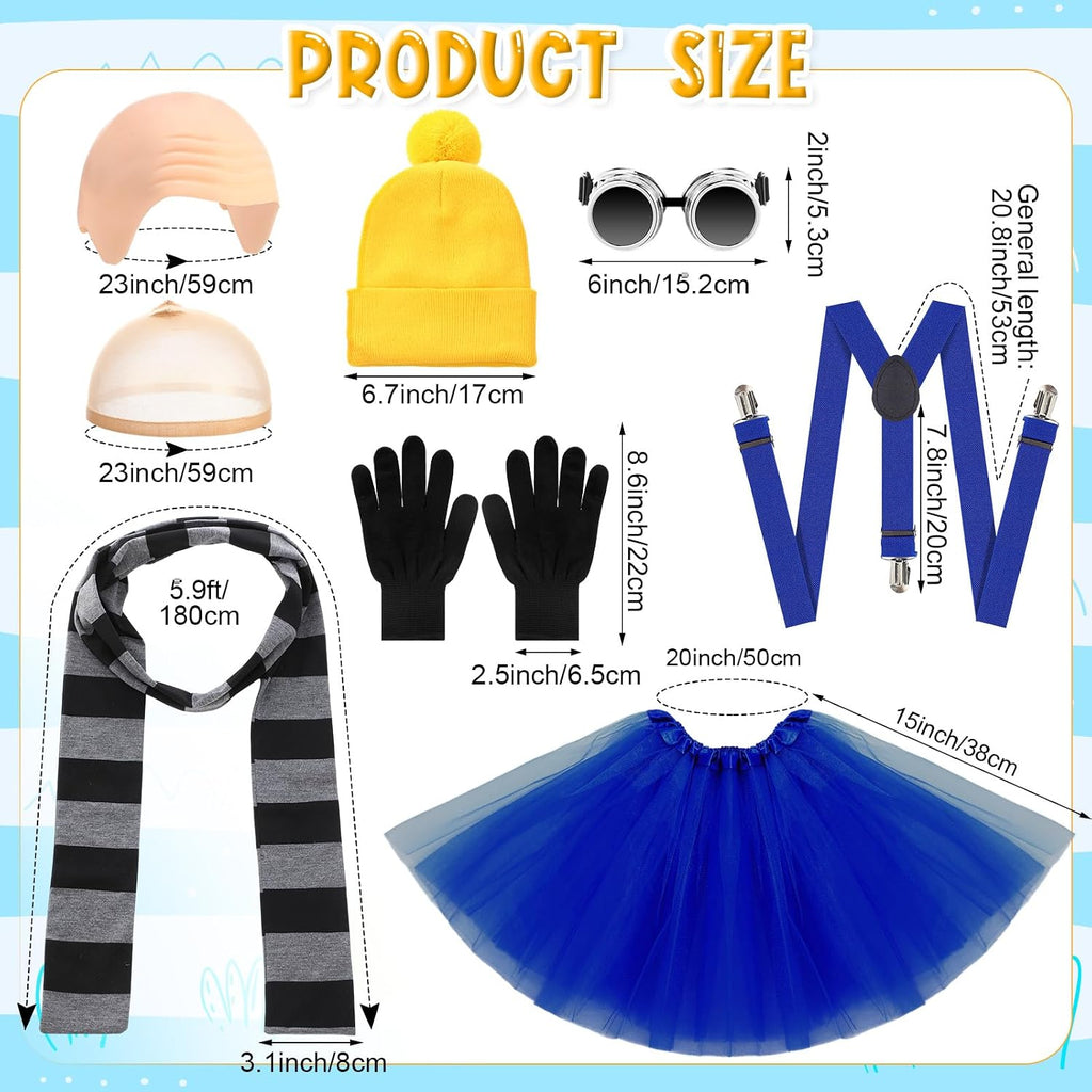 8 Pieces Halloween Costume Accessories Striped Scarf Bald Head Wig Steampunk Goggles Beanie Dress Suspenders Gloves