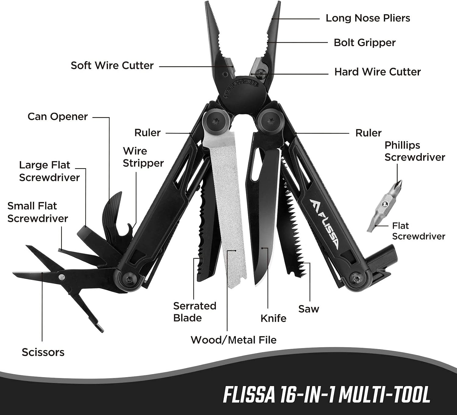 16-in-1 Multitool Pliers with Sheath Stainless Steel EDC | Equipped with Knife, Saw, Screwdrivers, Scissors and