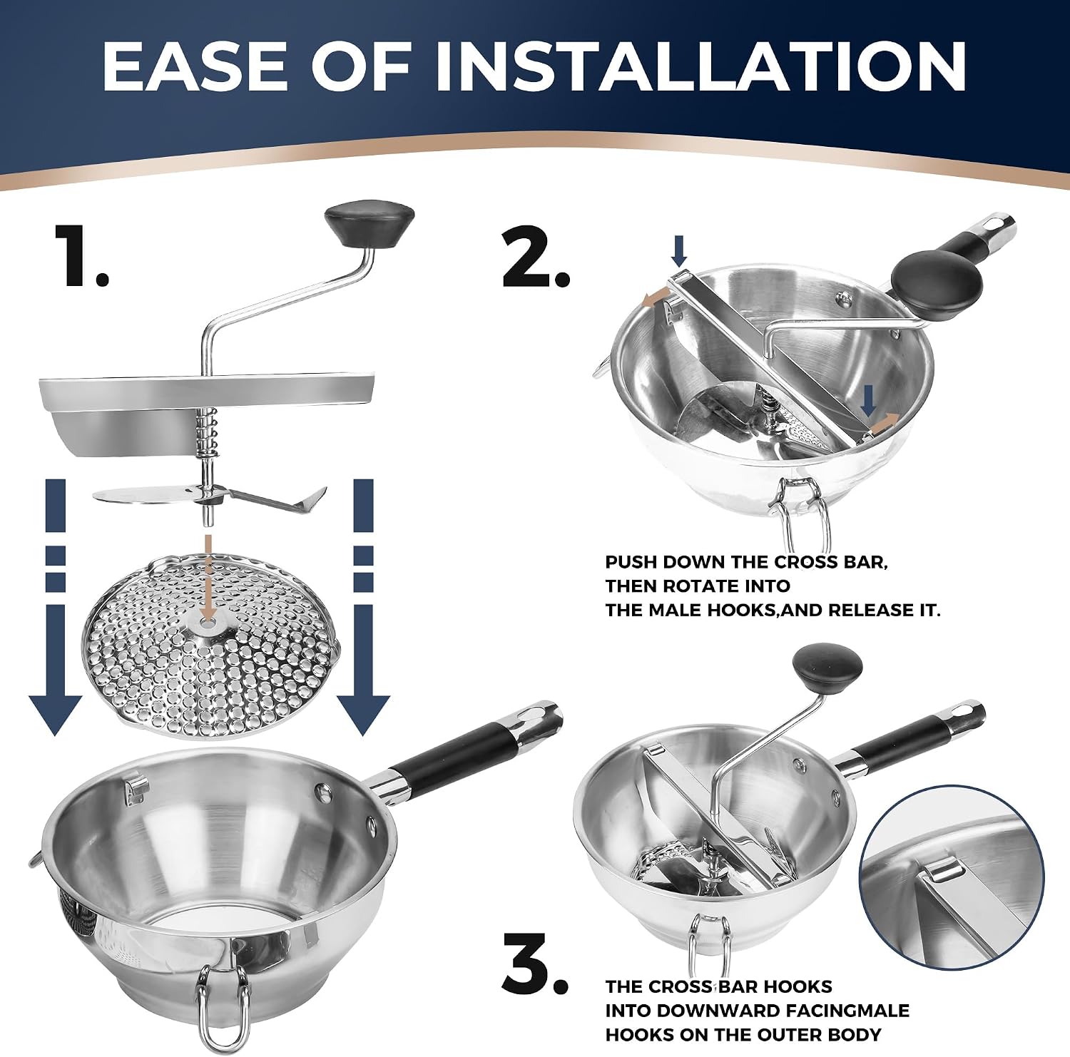 Stainless Steel Food Mills With 3 Milling Discs,Ergonomic design Of Rotary Food Mills For Tomato Sauce,Potatoes,Jams