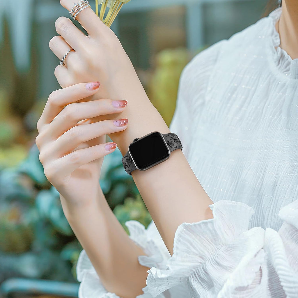 Floral Engraved Band Compatible with Apple Watch Band 40mm 41mm 38mm 42mm 44mm 45mm 46mm 49mm Women, Soft Silicone