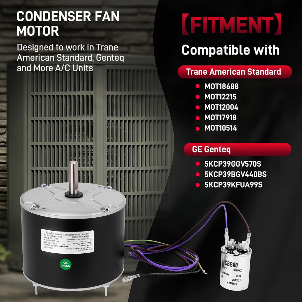 MOT18688 Condenser Fan Motor 1/8HP 208-230V 825RPM 60HZ, AC Fan Motor Compatible with Trane American Standard GE Genteq Replace# MOT12215 MOT12004 MOT10514 5KCP39GGV570S 5KCP39BGV440BS 5KCP39KFUA99S