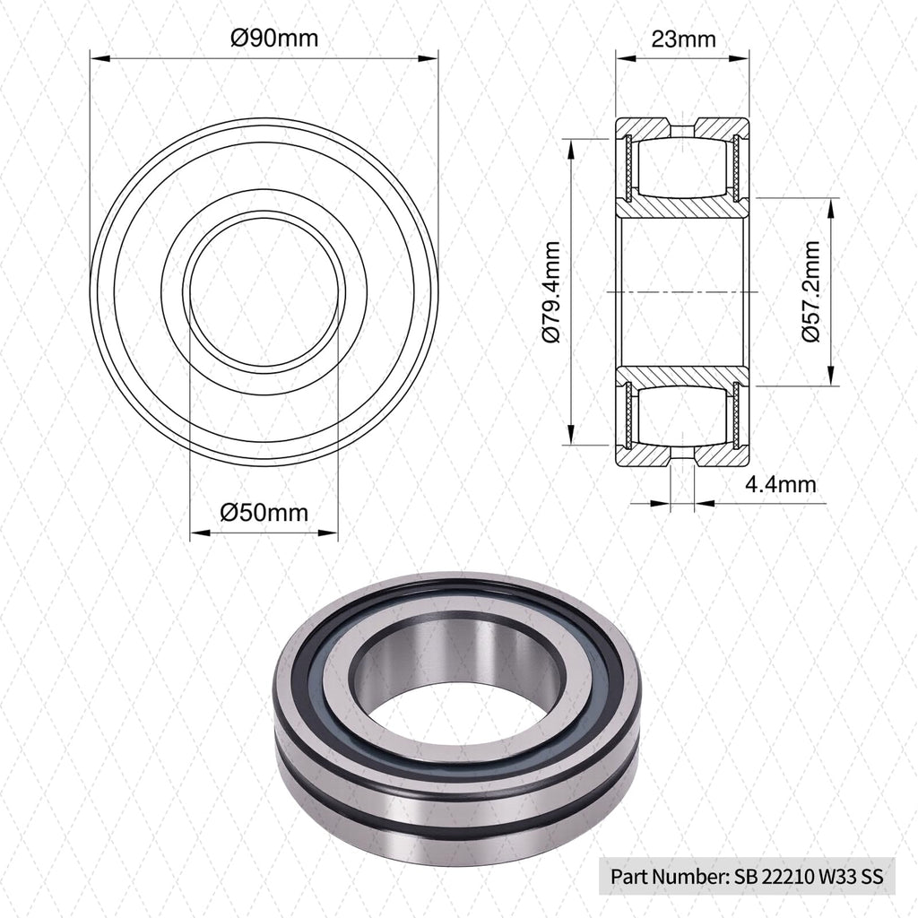 22210 W33 SS Spherical Roller Bearing, 50x90x23mm, 1 Pack