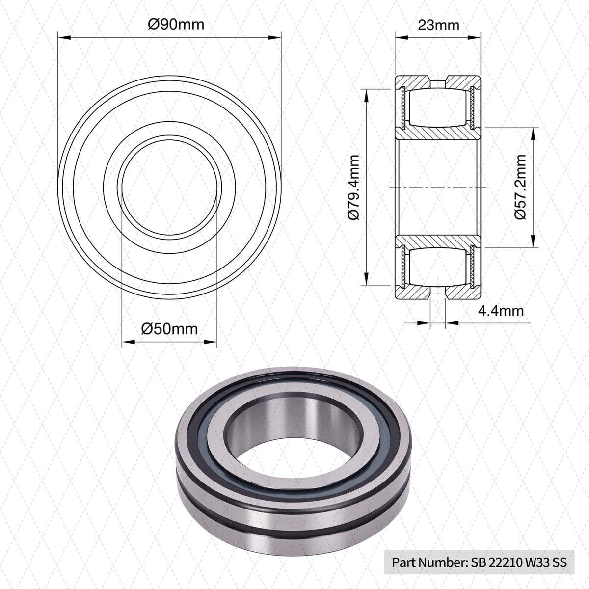 22210 W33 SS Spherical Roller Bearing, 50x90x23mm, 1 Pack