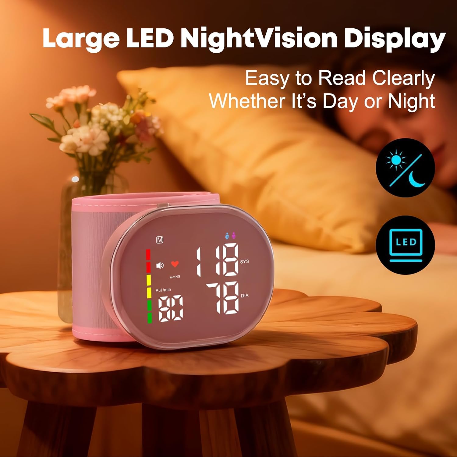 Wrist Blood Pressure Monitor, Rechargeable, Large LED Display, Pink