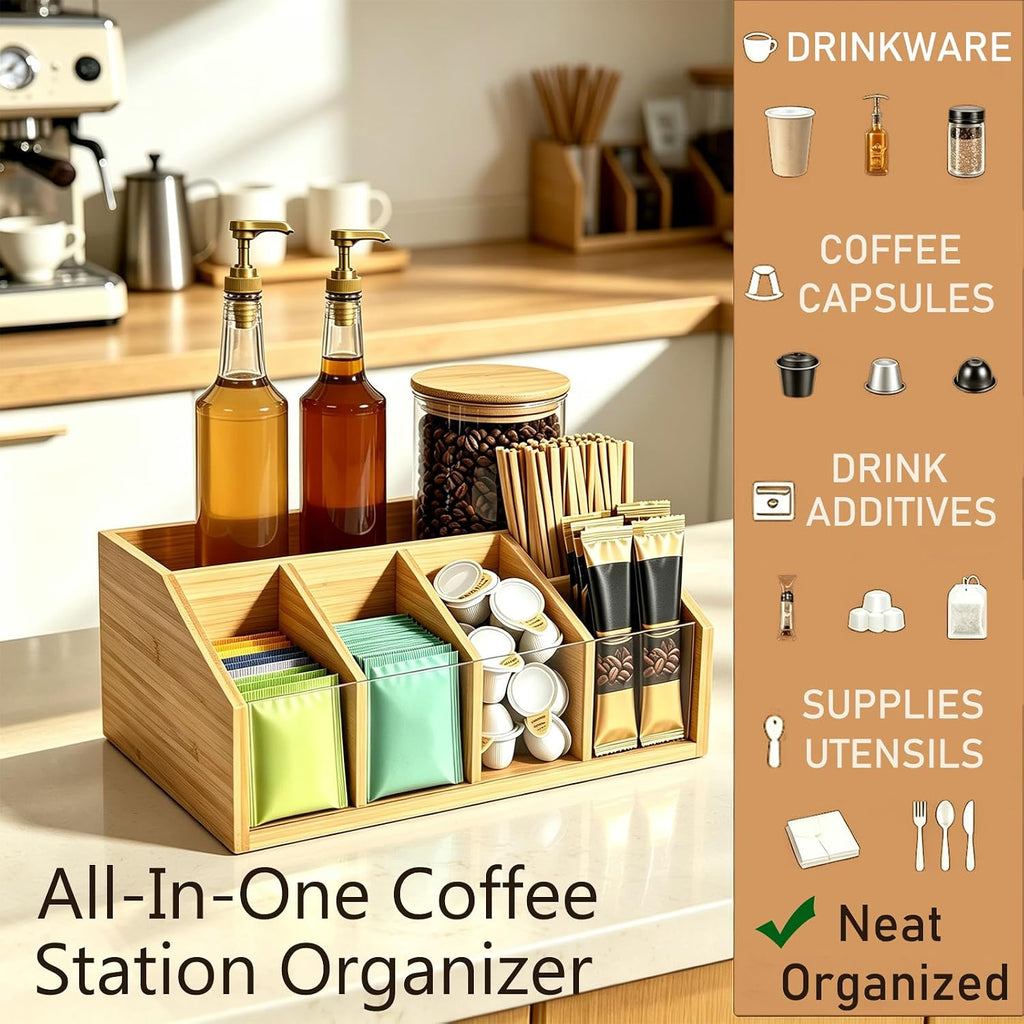 Bamboo Coffee Station Organizer for Countertop 6 Compartment Adjustable