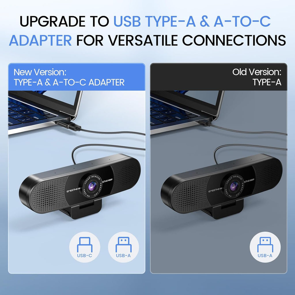 C960 1080P Webcam with Microphone, 2 Mics, 90° FOV, USB Type-A & A-to-C Adapter, Fixed Focus, Plug&Play Computer