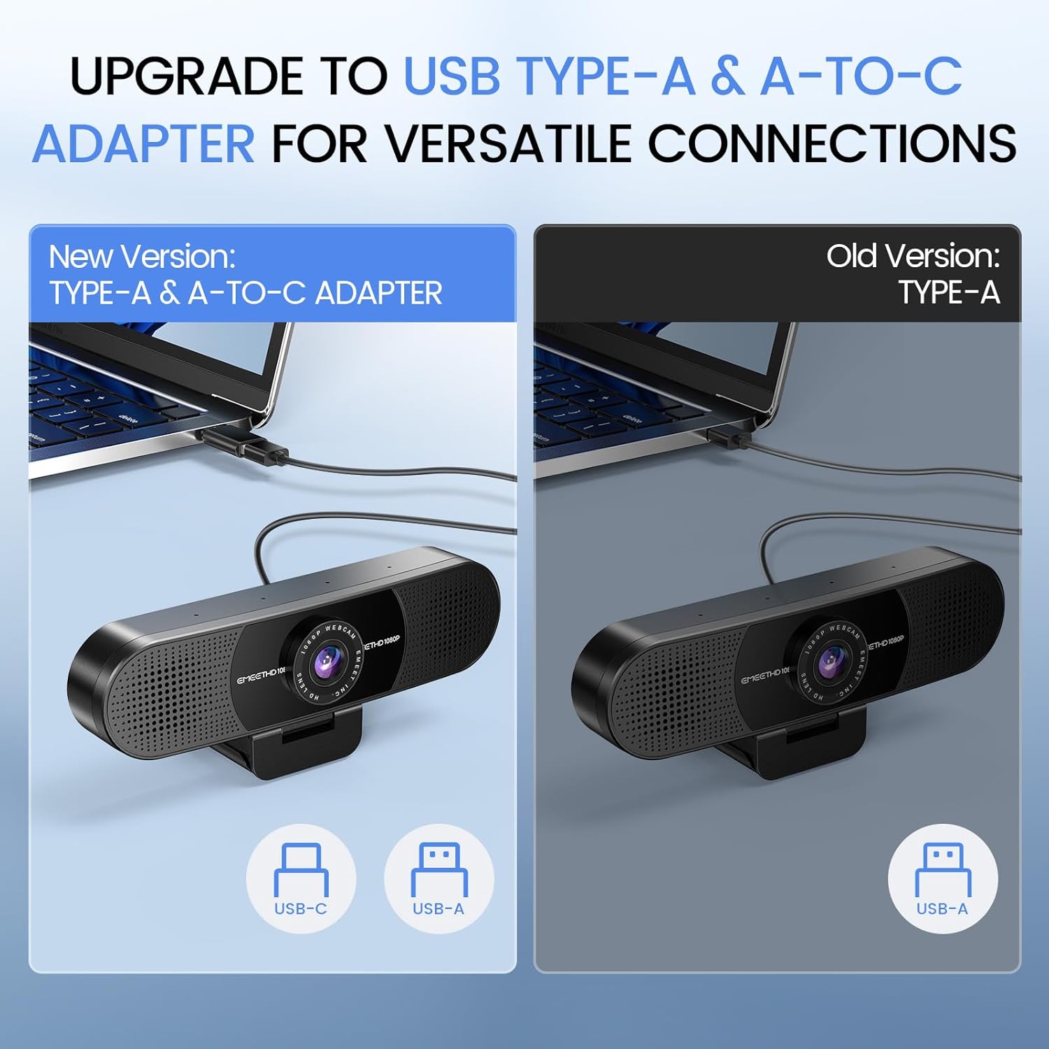 C960 1080P Webcam with Microphone, 2 Mics, 90° FOV, USB Type-A & A-to-C Adapter, Fixed Focus, Plug&Play Computer