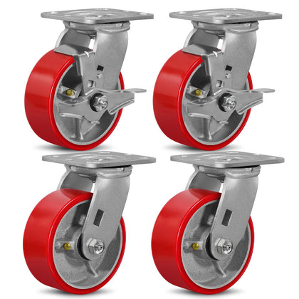 5" X 2" Industrial Plate Swivel & Brake Caster Wheels Set of 4 Heavy Duty,Load Capacity 4000lbs, No Noise