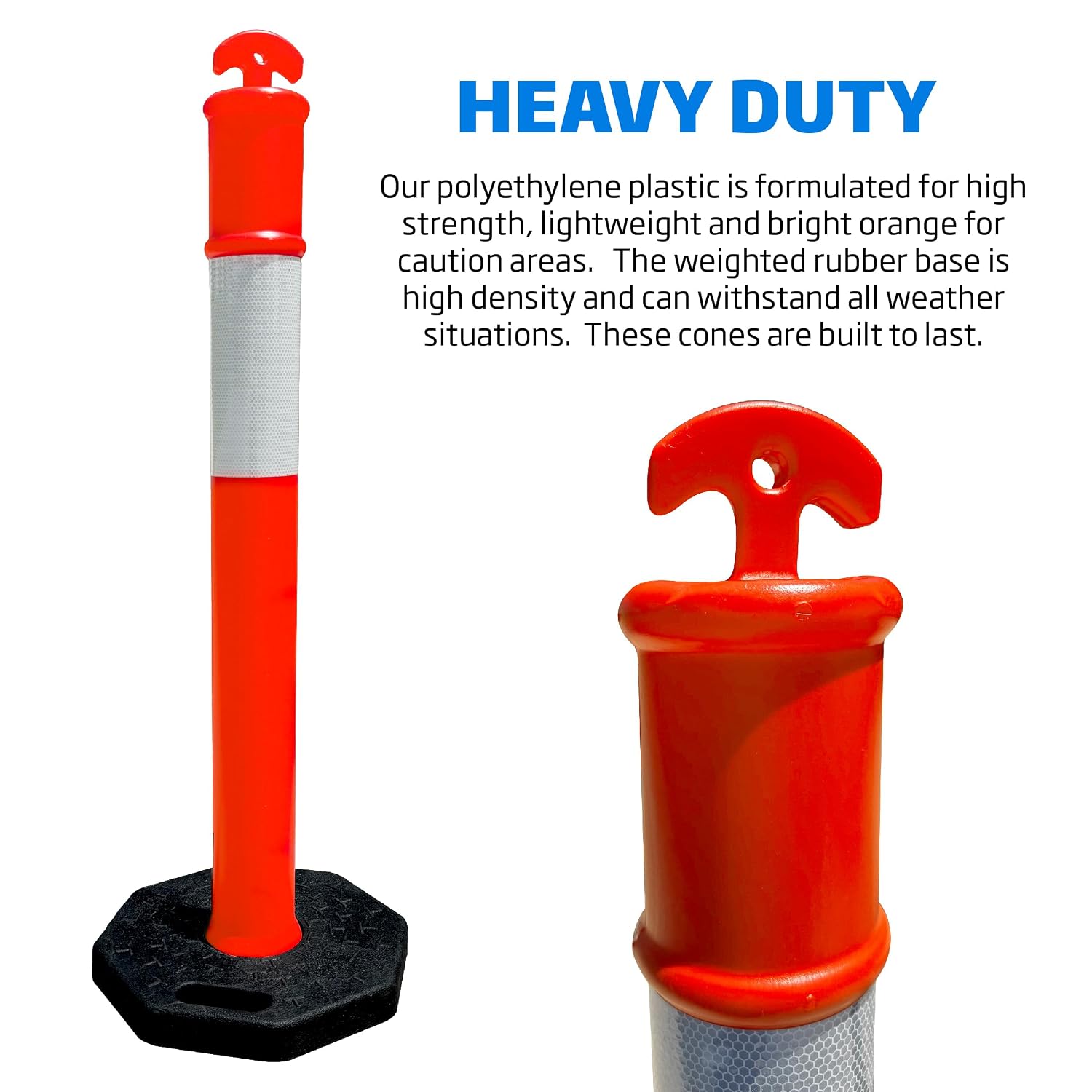 Orange Traffic Delineator Cone 45" Tall Reflective Collar for Safety Barrier with 15" x 15" Rubber Base for Traffic